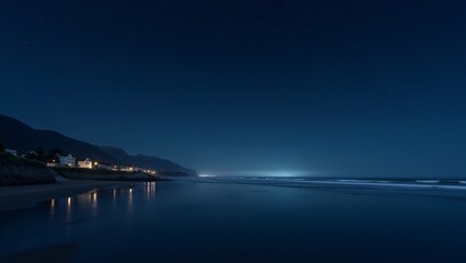 Fototapeta premium A panoramic view of a starry sky above a coastal village, with stars reflecting in the ocean below.