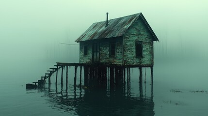 Old weathered house sits on stilts in misty water