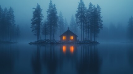 Fototapeta premium Foggy lake cabin, night, winter, reflection, solitude