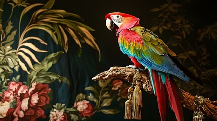 Obraz premium Magnificent parrot with vibrant red plumage and a miniature red cape perched on a branch adorned with intricate gold against a lush foliage backdrop