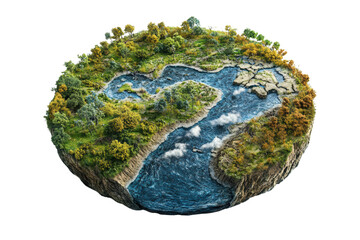 A beautiful 3D representation of a river landscape, showcasing vibrant greenery, flowing water, and varied terrain against a white isolate background.
