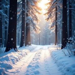 Soft snowflakes fall gently on a serene forest path, peaceful, snowy woods, trees