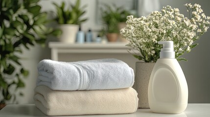 Stack of folded laundry with a neatly arranged laundry detergent bottle and soft towels in a clean setting