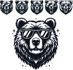 Set Of Cool Bear Head Wearing Sun Glass Silhouette Animal Vector Clipart Icon Hand Drawn Illustration
