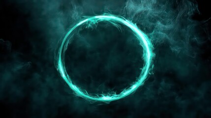 Abstract green neon circle with swirling smoke on a dark background, creating a futuristic and mystical atmosphere for digital art and design projects.