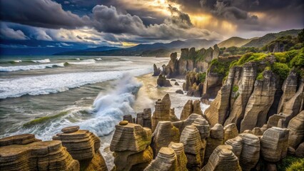 Pancake Rocks West Coast New Zealand,  Limestone Formations, Coastal Erosion, South Island Landscape Photography,  Dramatic Cliffs, Ocean Views