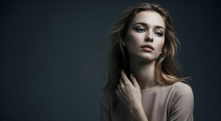 Fototapeta premium Elegant Woman Portrait Photography, Beauty and Serenity Captured in a Thoughtful Pose
