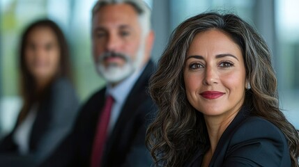 Confident businesswoman, colleagues, office, meeting, teamwork