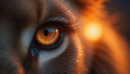 Close-up of an animal eye with fiery orange glow.