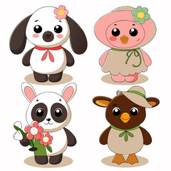 Cute cartoon animals; dog, chick, rabbit, duck.