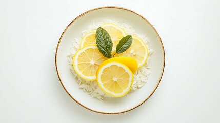 Rice with lemon slices and mint leaves on a white background