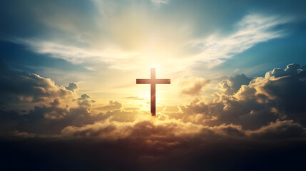 Fototapeta premium Cross Illuminated by Radiant Sun in Cloudy Sky Representing Spiritual Enlightenment and Hope : Generative AI