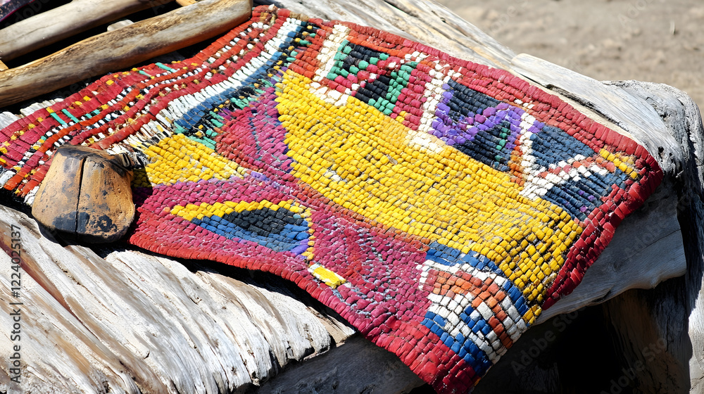 Poster Colorful handcrafted mosaic mat with a rustic wooden background : Generative AI