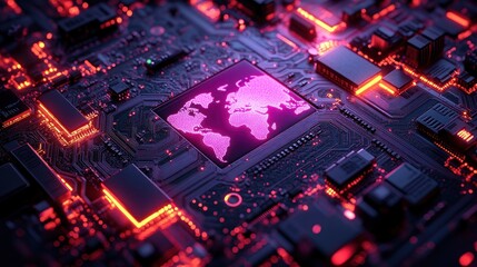 Global network, circuit board, glowing map, data, technology