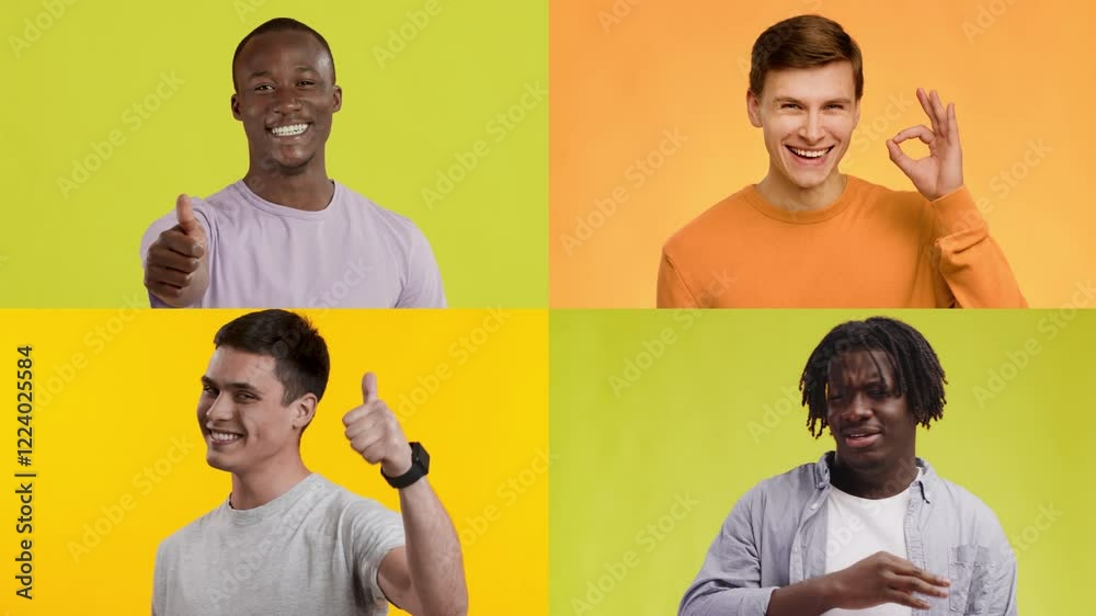 Poster four young men express a range of emotions with joyful gestures against bright colored backgrounds. 