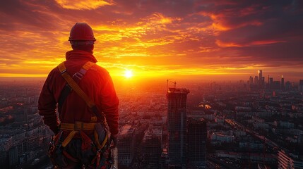 Fototapeta premium Construction Worker at Sunset Over Cityscape