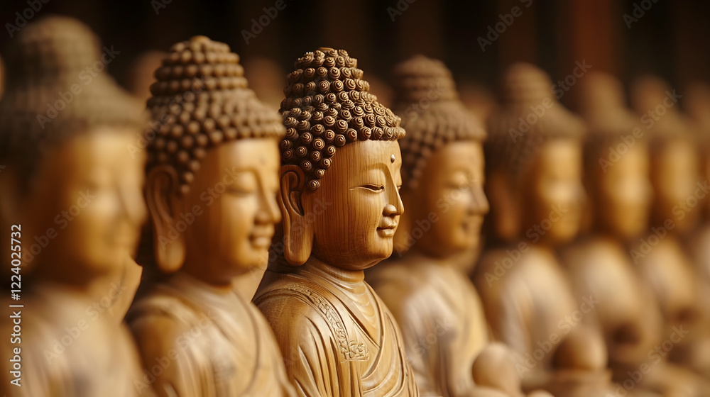 Poster close-up of detailed wooden buddha statues symbolizing serenity and craftsmanship : generative ai