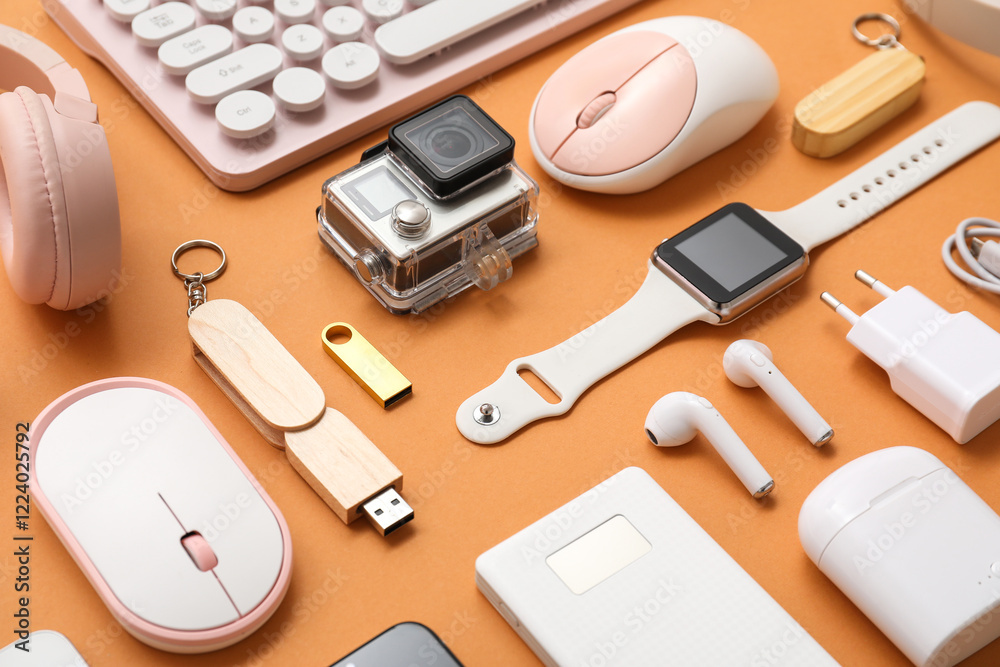 Wall mural composition with various modern devices on color background