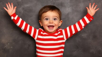 Joyful toddler in striped shirt expressing happiness with outstretched arms against a textured backdrop