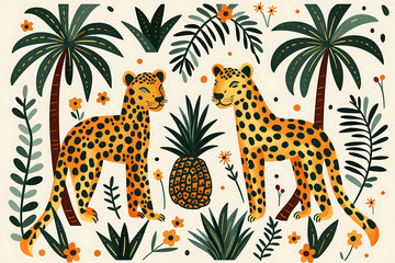 Obraz premium whimsical jungle embroidery, create an embroidery pattern of leopards, palm trees, and pineapples in green, orange, and yellow on a cream background, using simple lines and visible stitches for a