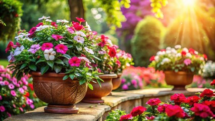 Vertical Flowerbed of Catharanthus Flowers in Colorful Pots in a Lush European Garden with Bokeh Effect