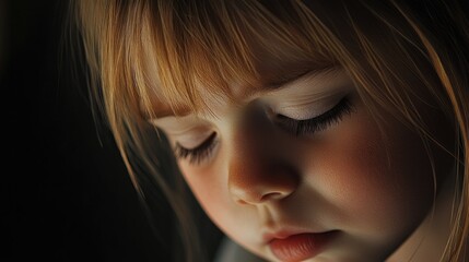 Fototapeta premium Three-Year-Old Girl with Long Blonde Hair Expressing Sadness in Soft Lighting with Focus on Facial Details