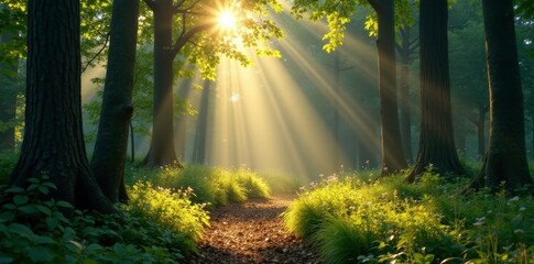 Soft sunbeams peek through trees casting a peaceful atmosphere on the forest floor, forest, light