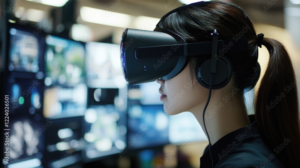 Poster virtual reality user experiencing generative ai tools for prompt engineering with technology screen 