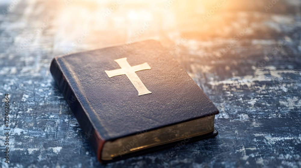Poster closed bible with cross under soft warm light : generative ai