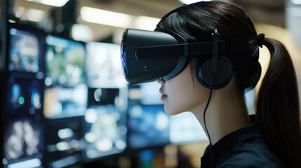 Virtual reality user experiencing generative AI tools for prompt engineering with technology screen backgrounds and modern headset in a workspace environment.