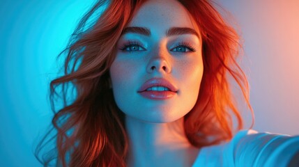 Naklejka premium Caucasian woman with flowing red hair and striking blue eyes posing against a vibrant blue and orange gradient background capturing emotions and beauty