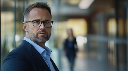 Fototapeta premium Confident 35-year-old businessman portrait in sharp focus with blurred woman in modern office background showcasing professional attire and contemporary environment.