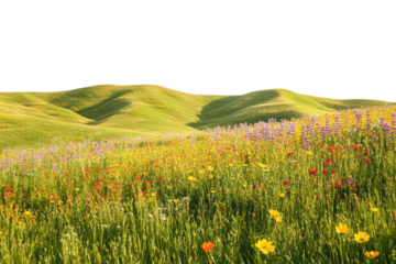 A vibrant field filled with wildflowers under bright sunlight, surrounded by rolling green hills, creating a picturesque natural landscape.