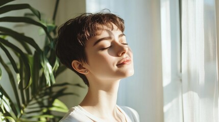 Fototapeta premium Fashionable young woman with short dark hair standing indoors by a panoramic window, eyes closed, illuminated by natural light, surrounded by green plants in a bright room.