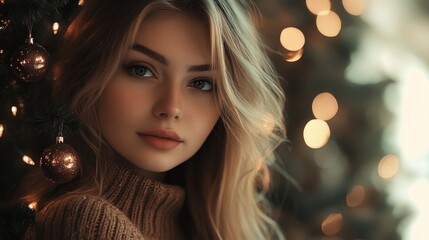 Cozy evening portrait of a young woman in a warm sweater beside a festive Christmas tree adorned with golden ornaments, creating a warm holiday ambiance.