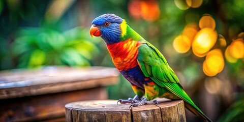 Vibrant Parrot Tilt-Shift Photo: Colorful Bird on Wooden Stand