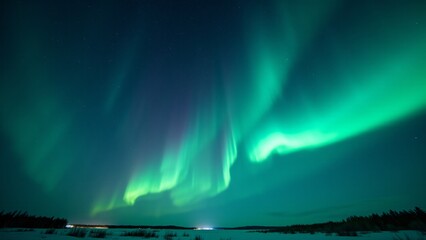 Naklejka premium A starry sky with the ethereal glow of auroras boreales dancing across the horizon in a mesmerizing display.