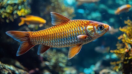 Golden fish swims in aquarium; coral reef background; nature, aquatic life
