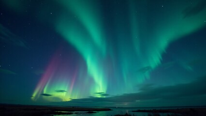 Naklejka premium A starry sky with the ethereal glow of auroras boreales dancing across the horizon in a mesmerizing display.