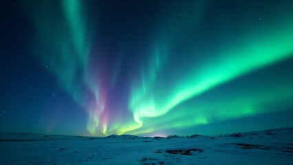 Naklejka premium A starry sky with the ethereal glow of auroras boreales dancing across the horizon in a mesmerizing display.