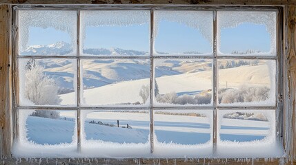 Frosty Window with Snowy Hills