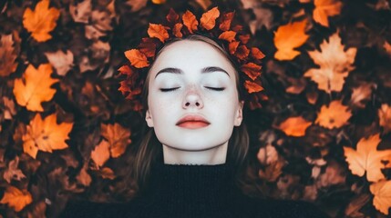 Serene Woman Lying on Ground Surrounded by Autumn Leaves with a Crown of Orange Leaves and Closed Eyes in a Tranquil Nature Setting