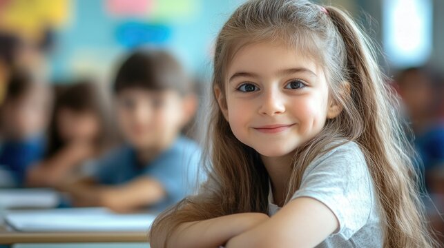 Smiling young girl with long brown hair sitting at a school desk in a colorful classroom, promoting the concept of education and learning.