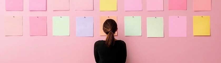 Woman Standing in Front of Colorful Sticky Notes on Pink Wall Reflecting Creative Planning and Brainstorming Process