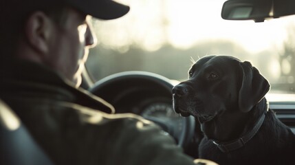 Man driving a car with a black Labrador in the backseat during sunset, interior view showcasing warm tones and connection between pet and owner.