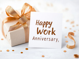 Gift box with ribbon and card celebrating work anniversary, perfect for expressing gratitude and joy. Ideal for workplace celebrations and special occasions