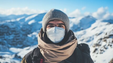 Athletic young man wearing a cloth face mask and warm beanie posing on snow-covered slopes of Sierra Nevada mountains in Granada Spain.