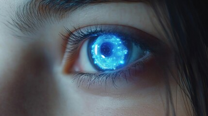 Fototapeta premium Close-up of a human eye with a glowing blue digital pattern, symbolizing advanced artificial intelligence technology detecting diabetic eye disease, highlighting innovation in healthcare.