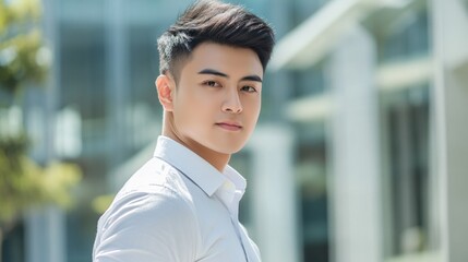 Obraz premium Young Asian business man in white shirt confidently posing outdoors in downtown area with modern glass buildings and greenery in background