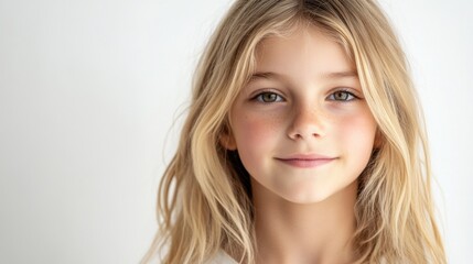 Naklejka premium Portrait of a charming young girl with long blond hair, fair skin, and expressive blue eyes against a soft white background.